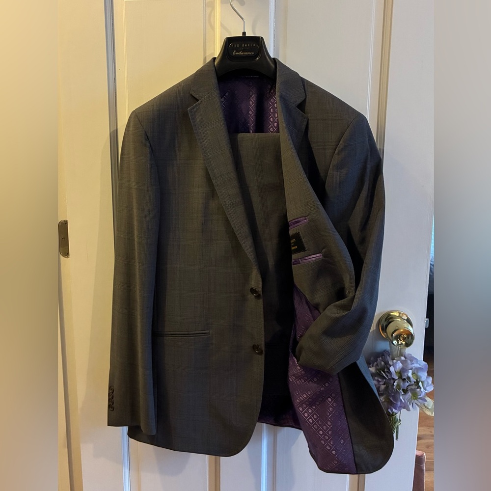Ted Baker Endurance Charcoal Men’s Plaid Suit with Purple Lining